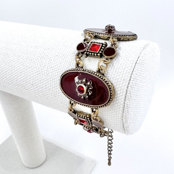 Up-Cycled - Burgundy & Red Enameled Medallion Brass Tone 7” Adjustable Bracelet - Picture 2 of 8